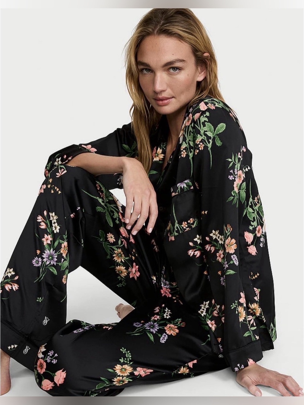 NWT Victoria’s Secret SATIN Pajama Set BLACK BOTANICAL Floral Print SZ SMALL